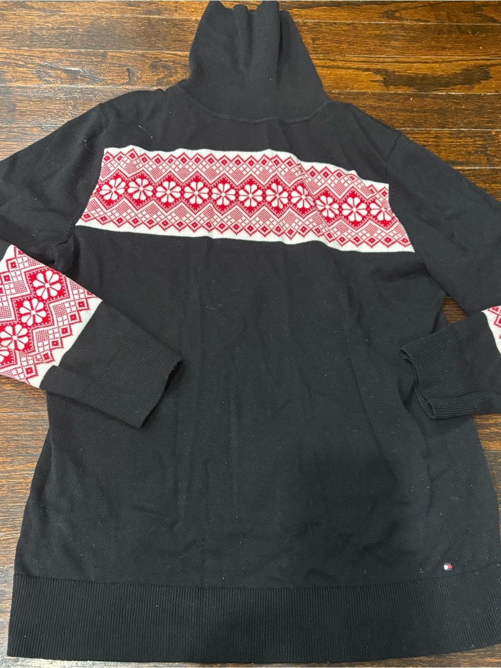 Tommy Hilfiger Black Turtleneck Sweater with Red & White Fair Isle Bands